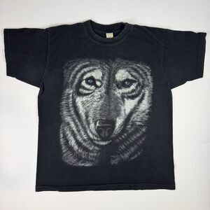 Vintage Wolf TShirt Mens XL Black All Over Print AOP Nature Wildlife Graphic Y2K